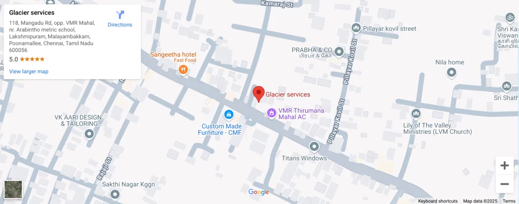 Glacier Services Chennai location map – Find us at 118, Mangadu Rd, Poonamallee, Chennai, Tamil Nadu 600056.